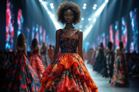 A black model stands out on the runway, her vibrant dress contrasting with the dynamic, illuminated backdrop of a fashion showの素材