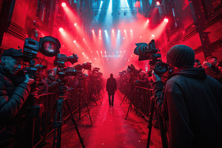 A star caught in a moment of fame, with paparazzi cameras flashing, as they walk confidently down the red carpet, encapsulated by the vibrant neon city lights.の素材