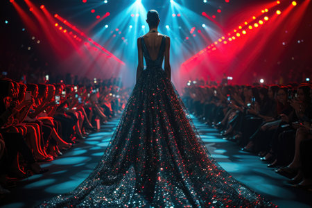 Model in a detailed evening gown strides down the runway during a fashion show finale, with vibrant stage lights and a captivated audienceの素材
