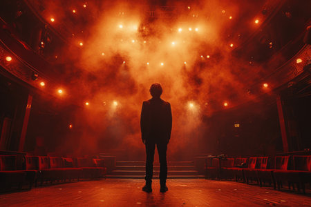 A solitary figure stands center stage in an empty theater, surrounded by the warm glow of stage lights, with rows of empty seats in the foregroundの素材