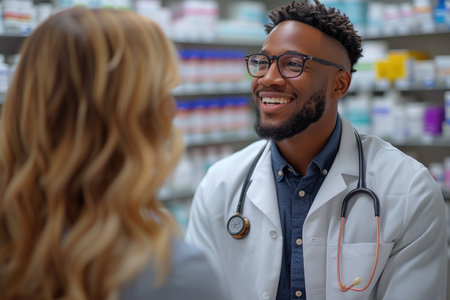 A young pharmacist in a white coat engages with customers in a well-stocked pharmacy, the shelves lined with various medicationsの素材
