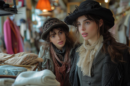 Two Caucasian women in vintage Victorian outfits examine garments in an antique store, surrounded by period accessories.の素材
