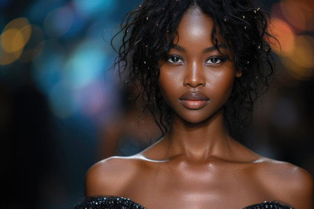 A poised model with dark skin and sparkling adornments in her curly hair gazes forward against a bokeh light backgroundの素材