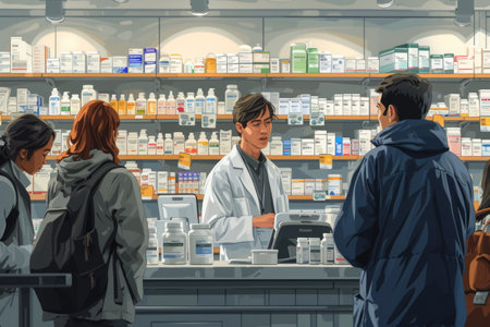 A young pharmacist in a white coat engages with customers in a well-stocked pharmacy, the shelves lined with various medicationsの素材