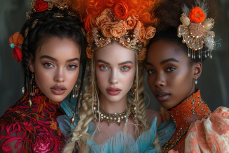 Three women adorned in ornate attire and headpieces exude regal elegance, each showcasing a unique blend of style, culture, and graceの素材