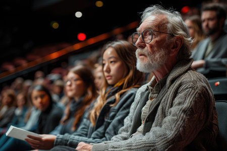 An intense male director with a gray beard gestures passionately in a theater, engaging with an audience blurred in the backgroundの素材