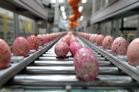 Industrial machinery precisely decorates Easter eggs in vibrant pink tones, reflecting a modern approach traditional Easter festivities. image radiates with shades of fuchsia and white. AI Generated.の素材