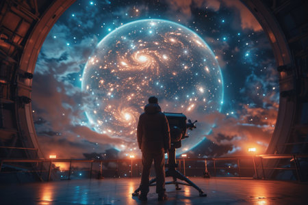A man monitors cosmic activity from a control station with screens displaying vibrant celestial bodies, embodying the nexus of human curiosity and space exploration. A.I.の素材