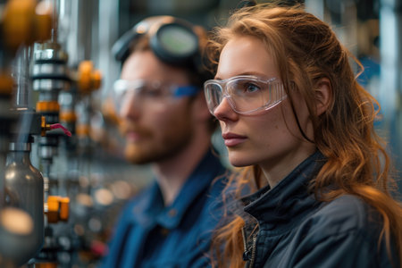 A contemplative male and female duo of scientists engage in research amidst complex machinery, their protective glasses reflecting the intricate details of their laboratory work. A.I.の素材