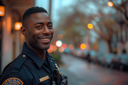 A cheerful African American policeman with a bright smile stands on a city street, his dark eyes reflecting a commitment to community amidst the soft evening glow of streetlights. A.I.の素材