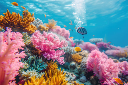 Vibrant coral reefs teem with life, pink and orange hues dominating the underwater tableau, as small fish dart through the scene-a snapshot of marine biology's colorful spectrum. A.I.の素材