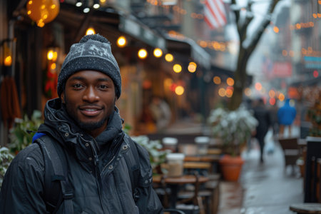 A man in a beanie smiling in an urban setting with snowflakes. guideの素材
