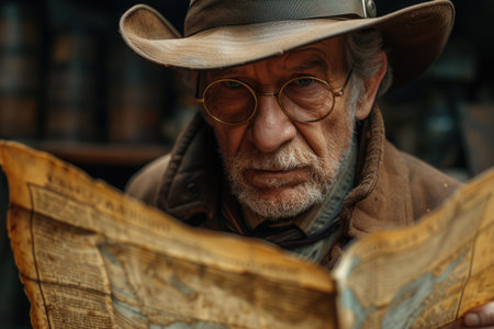 An older man with a hat and glasses reading a map, conveying a sense of adventure. historianの素材