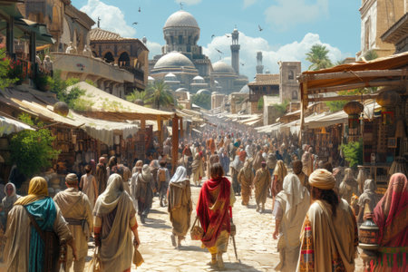 A vibrant market street under the sunlight, with crowds and historical architecture. historianの素材