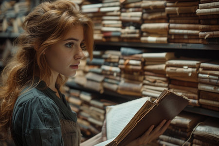 A young woman with red hair reads a book in a library, surrounded by stacks of ancient tomes. historianの素材
