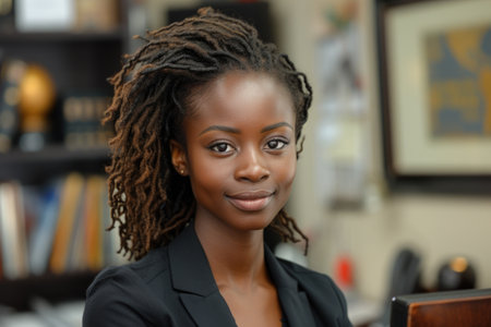 A close-up of a smiling woman with glasses and dreadlocks, a professional and friendly demeanor. lawyerの素材