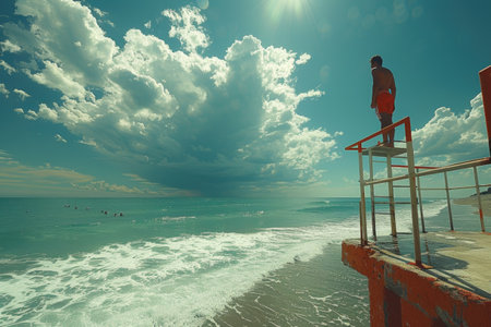 Lifeguard in red shorts standing on a watchtower, overseeing a sunny beach with swimmers in the sea. lifeguardの素材