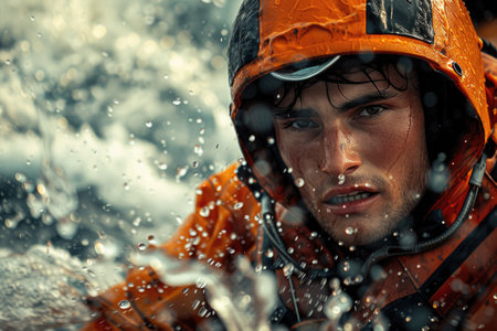 A man in an orange raincoat braving a storm at sea, water droplets captured in detail. lifeguardの素材