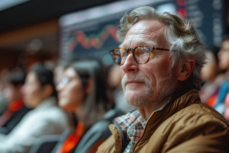 A reflective older man with glasses in a warm jacket, looking forward. mathematicianの素材