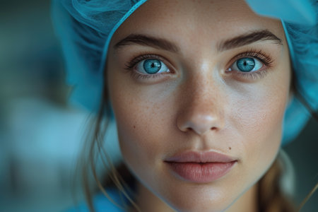 A close-up of a female surgeon's face, framed by a medical cap, radiates determination and compassion as she performs a procedure with skill and precision. surgeonの素材