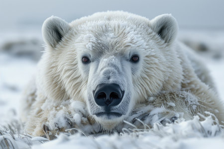 A close-up of a polar bear's face, eyes piercing with a blend of curiosity and caution, framed by a snowy white background. zoologistの素材