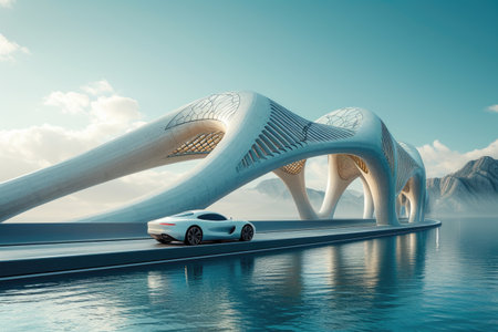 White sports car on a futuristic bridge over water with a mountain landscape in the distanceの素材