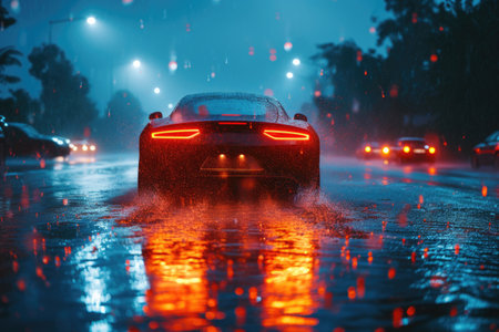 Car driving through puddles on a rainy street in the evening.の素材