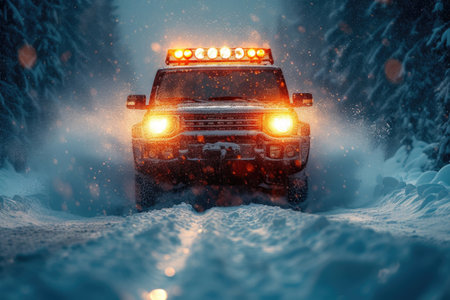 SUV with headlights on a snowy road in the eveningの素材