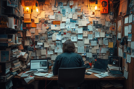 A man stands before a wall plastered with notes and photographs, in deep contemplation over an investigationの素材
