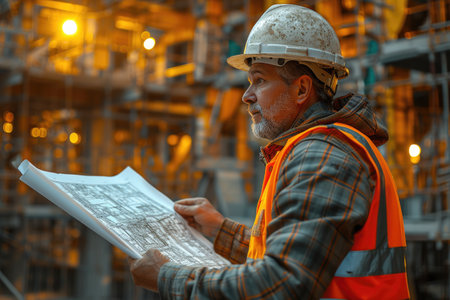An engineer in protective gear carefully examines construction blueprints against the backdrop of a bustling construction site with workers and machinery.の素材