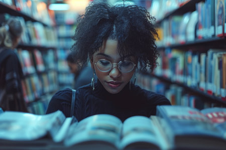 A young African American woman in glasses looks dreamily into the distance, surrounded by books in an academic settingの素材