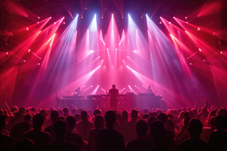 An energetic rock band is on stage with blazing lights above, engaged in a vibrant performance as a crowd of fans cheers in a dark concert hall.の素材