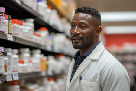A welcoming pharmacist explains medicine amidst shelves of pharmaceuticals, showing his expertise and care in health servicesの素材