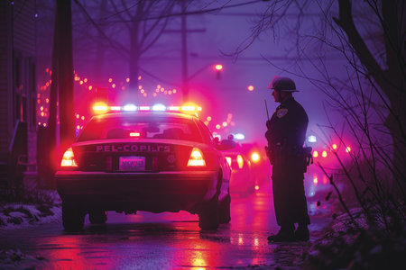 A male officer in a winter setting stands by a police car, vibrant emergency lights piercing through the mist. A depiction of law enforcement's steadfast presence in harsh weather conditions. A.I.の素材