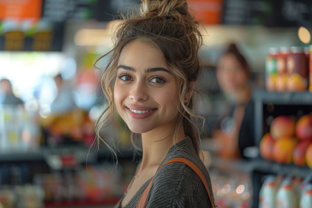A cheerful young cashier with a friendly smile stands in a vibrant grocery store, her welcoming demeanor embodying the pleasant atmosphere of customer service. cashierの素材