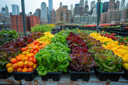 Lush urban farm displays vibrant tomatoes and leafy greens with a city skyline backdrop, epitomizing the harmony of urban agriculture and sustainable city living. AIの素材