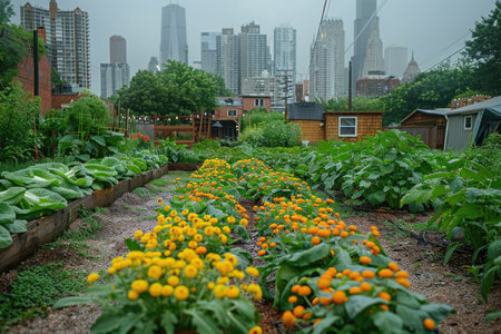 An urban oasis thrives with rows of robust vegetables and marigolds, a juxtaposition of lush greenery and high-rise buildings, reflecting a commitment to community and urban sustainability AIの素材
