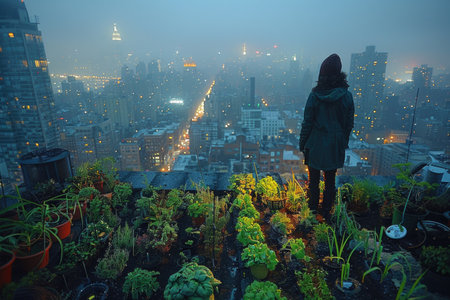 Overlooking the city's evening glow, a figure stands amidst a rooftop garden, a blend of urban life and verdant growth highlighting the fusion of high-density living with sustainable practicesの素材