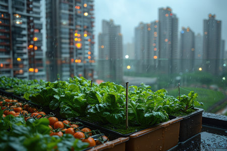 Urban farming endures the rain, with verdant lettuce and ripe tomatoes against the backdrop of towering city apartments, highlighting resilience and green living in modern urban spaces AIの素材