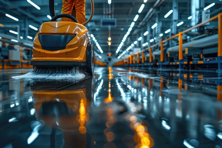 Floor scrubber machine cleaning with efficiency in an industrial setting. AIの素材