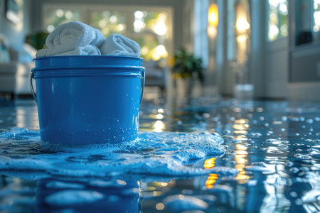 Close-up of a blue bucket and white towels on a freshly mopped floor. AIの素材