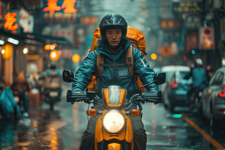 Delivery rider with a vibrant orange backpack navigating through a rainy street at night.の素材