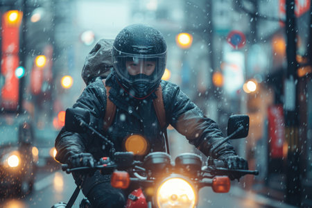 Focused motorcycle courier with snowflakes on helmet delivering packages in a blizzard.の素材