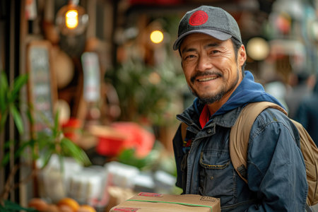 Satisfied delivery man carrying a package in a lively market area, with a pleasant smile.の素材
