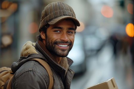 Portrait of a joyful man in a cap with a book on an urban street.の素材