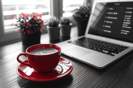 A red cup of coffee beside a laptop on a wooden desk.の素材