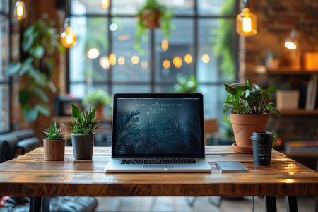Laptop on a wooden table in a vibrant cafe workspace.の素材
