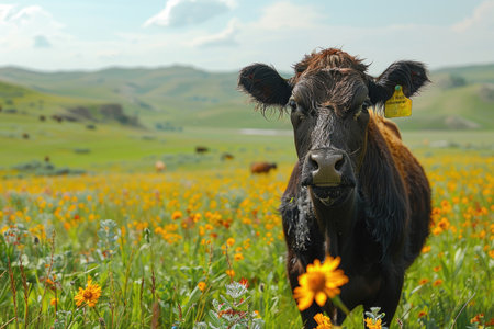 Inquisitive cow amidst a vibrant field of wildflowers and hills.の素材