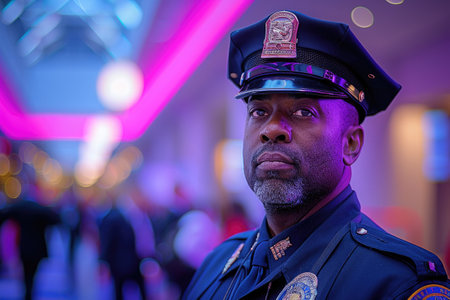 Senior police officer surveys the area at a colorful event.の素材