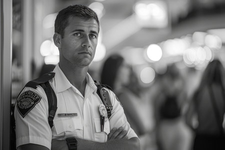 Black and white portrait of a security officer standing alert in a busy corridor.の素材